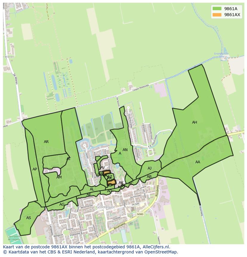 Afbeelding van het postcodegebied 9861 AX op de kaart.