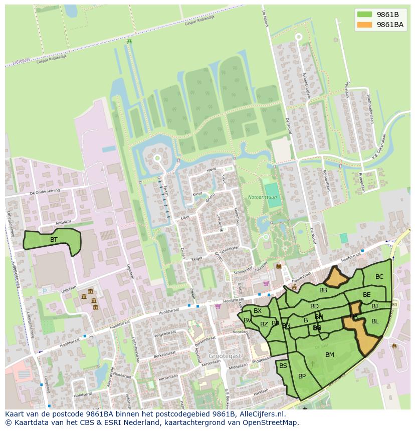 Afbeelding van het postcodegebied 9861 BA op de kaart.