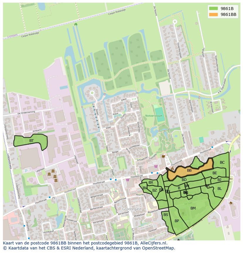 Afbeelding van het postcodegebied 9861 BB op de kaart.