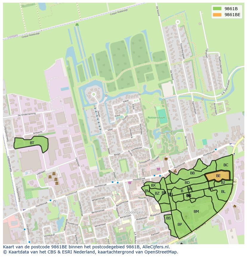 Afbeelding van het postcodegebied 9861 BE op de kaart.