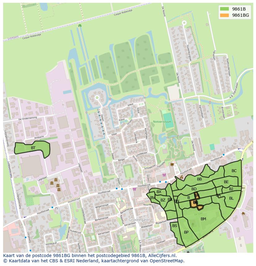 Afbeelding van het postcodegebied 9861 BG op de kaart.