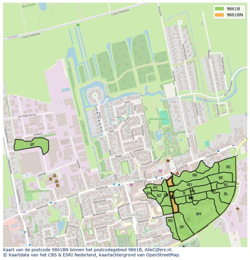 Afbeelding van het postcodegebied 9861 BN op de kaart.