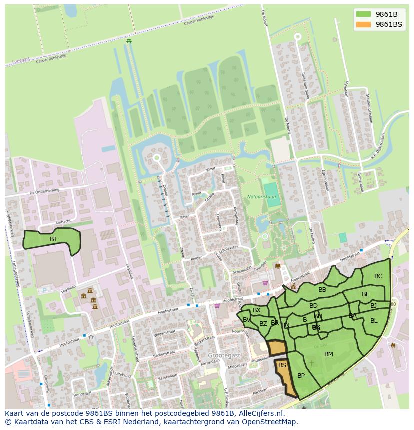 Afbeelding van het postcodegebied 9861 BS op de kaart.