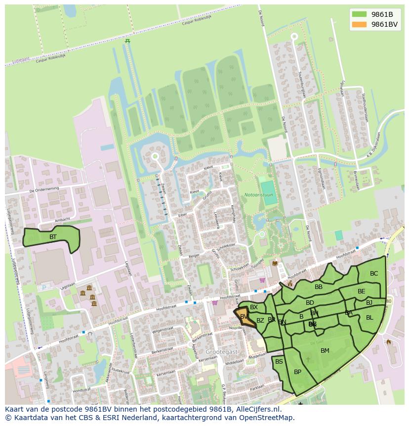 Afbeelding van het postcodegebied 9861 BV op de kaart.