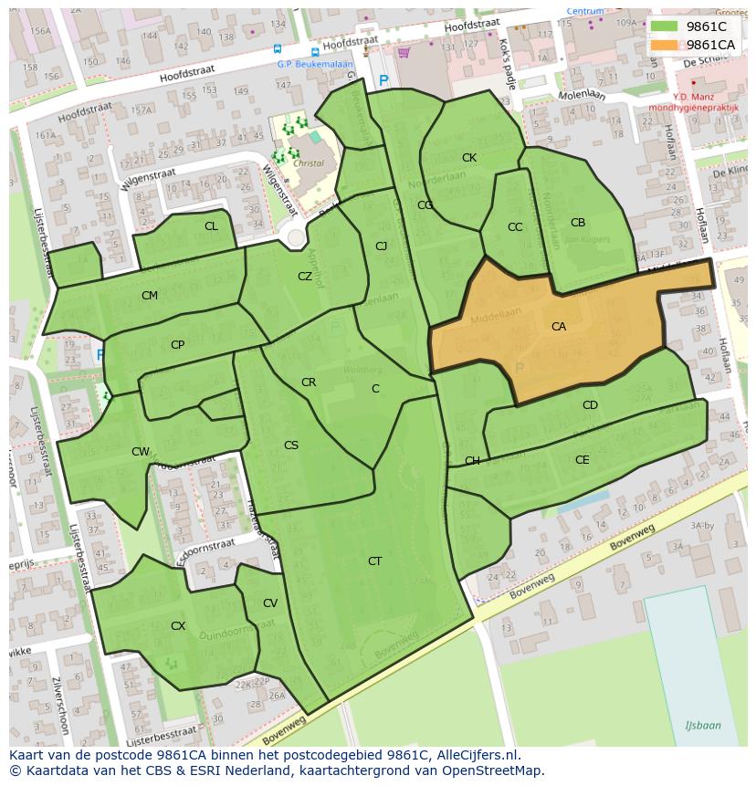 Afbeelding van het postcodegebied 9861 CA op de kaart.
