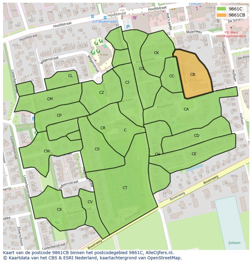 Afbeelding van het postcodegebied 9861 CB op de kaart.