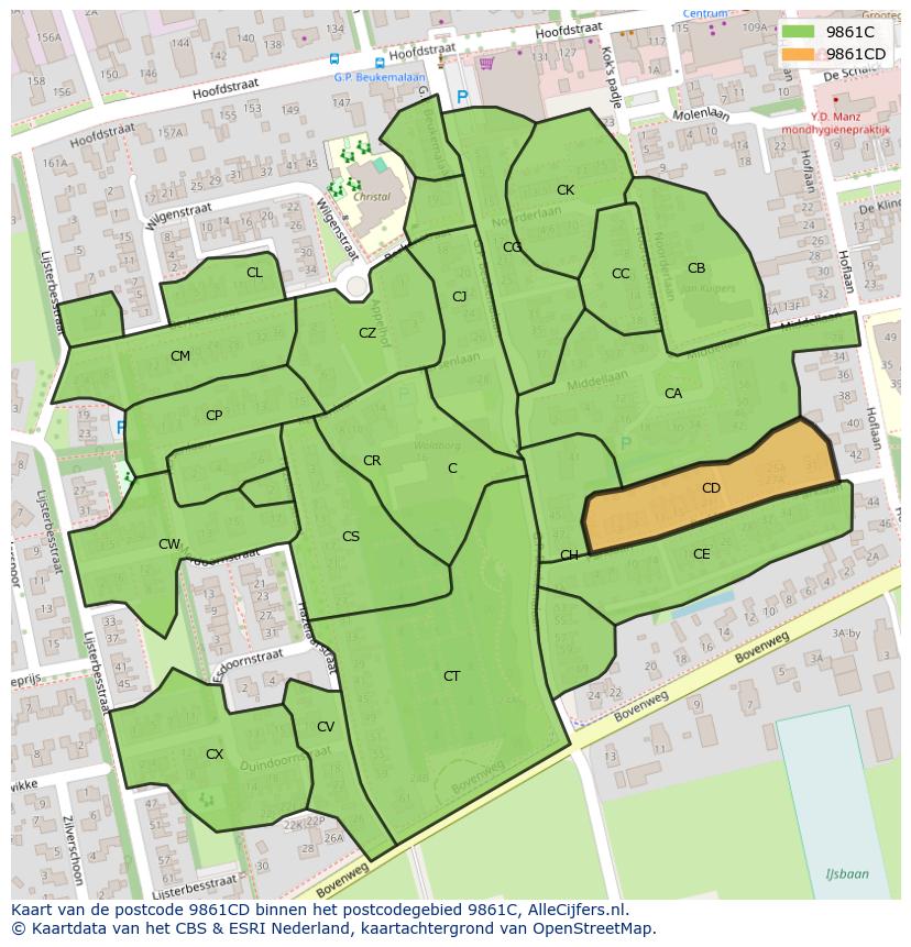 Afbeelding van het postcodegebied 9861 CD op de kaart.