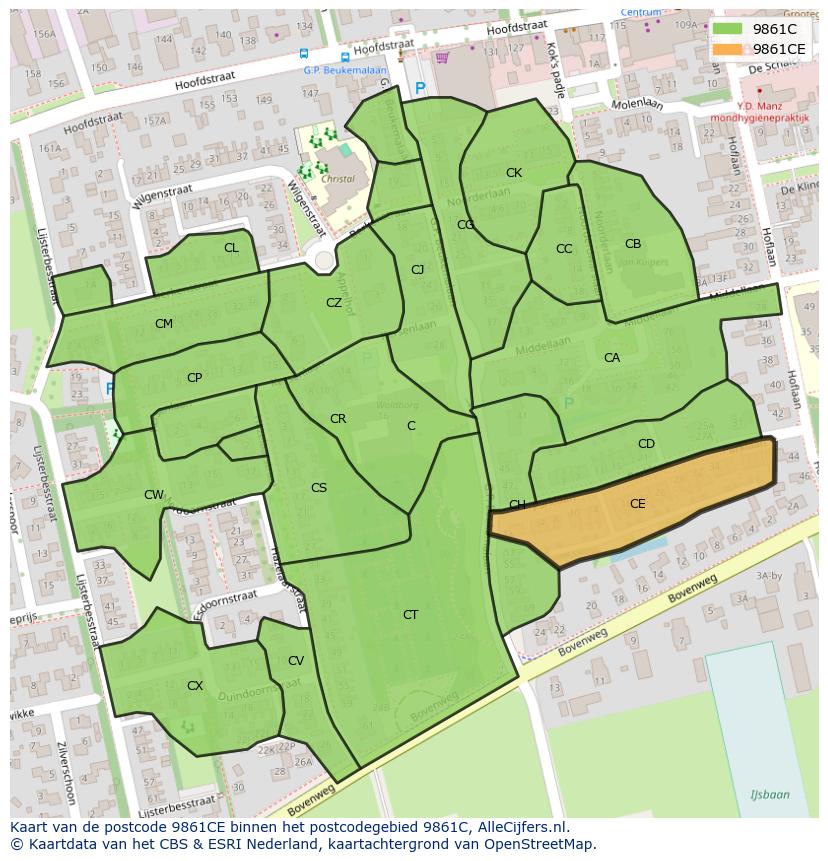 Afbeelding van het postcodegebied 9861 CE op de kaart.