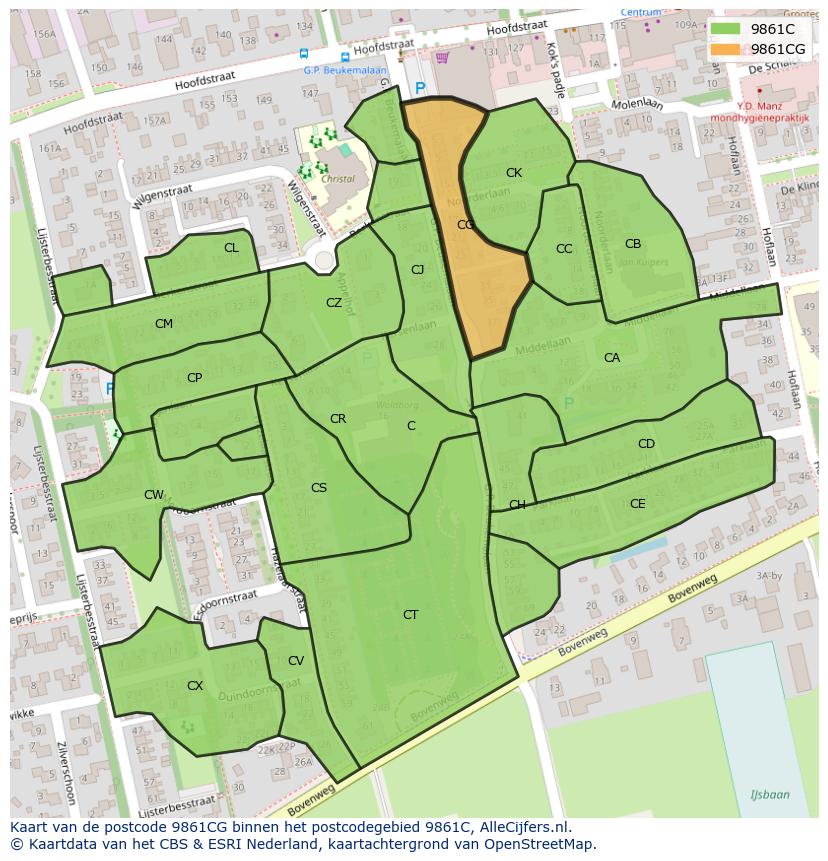 Afbeelding van het postcodegebied 9861 CG op de kaart.