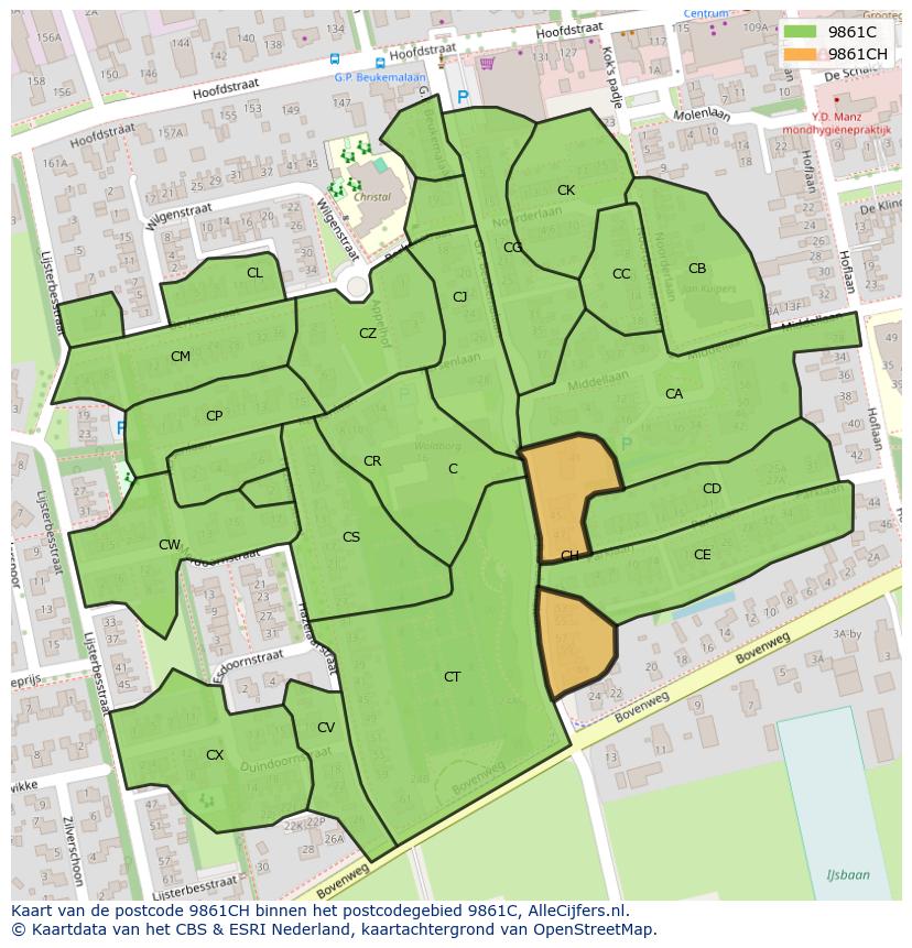 Afbeelding van het postcodegebied 9861 CH op de kaart.