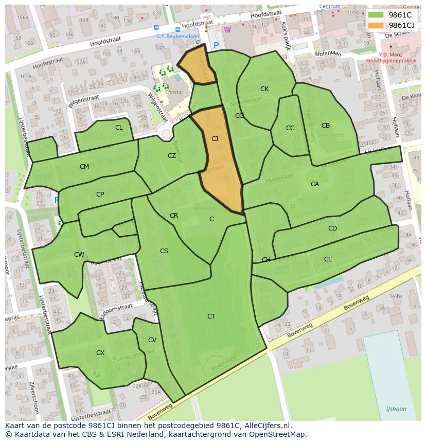 Afbeelding van het postcodegebied 9861 CJ op de kaart.