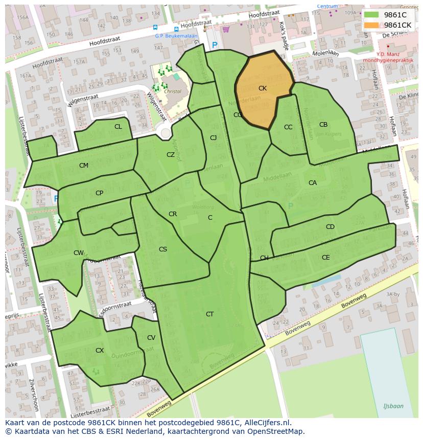 Afbeelding van het postcodegebied 9861 CK op de kaart.