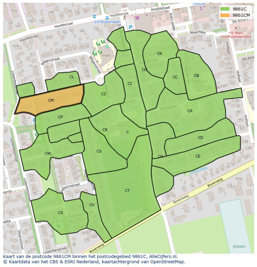 Afbeelding van het postcodegebied 9861 CM op de kaart.