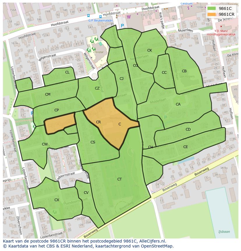 Afbeelding van het postcodegebied 9861 CR op de kaart.