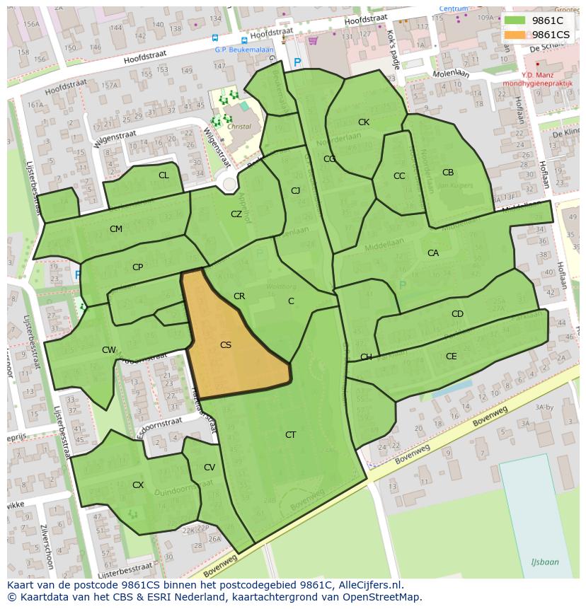 Afbeelding van het postcodegebied 9861 CS op de kaart.