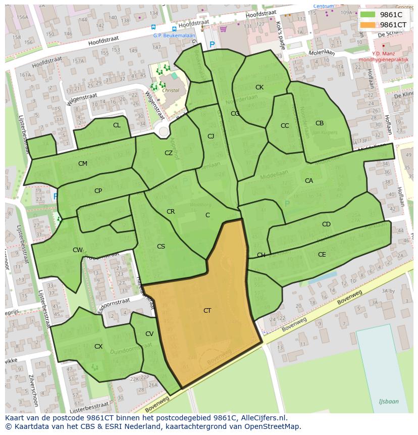 Afbeelding van het postcodegebied 9861 CT op de kaart.