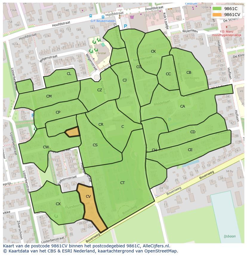 Afbeelding van het postcodegebied 9861 CV op de kaart.