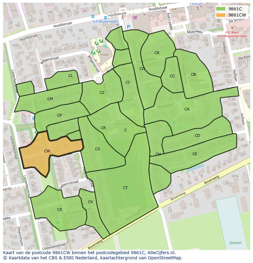 Afbeelding van het postcodegebied 9861 CW op de kaart.