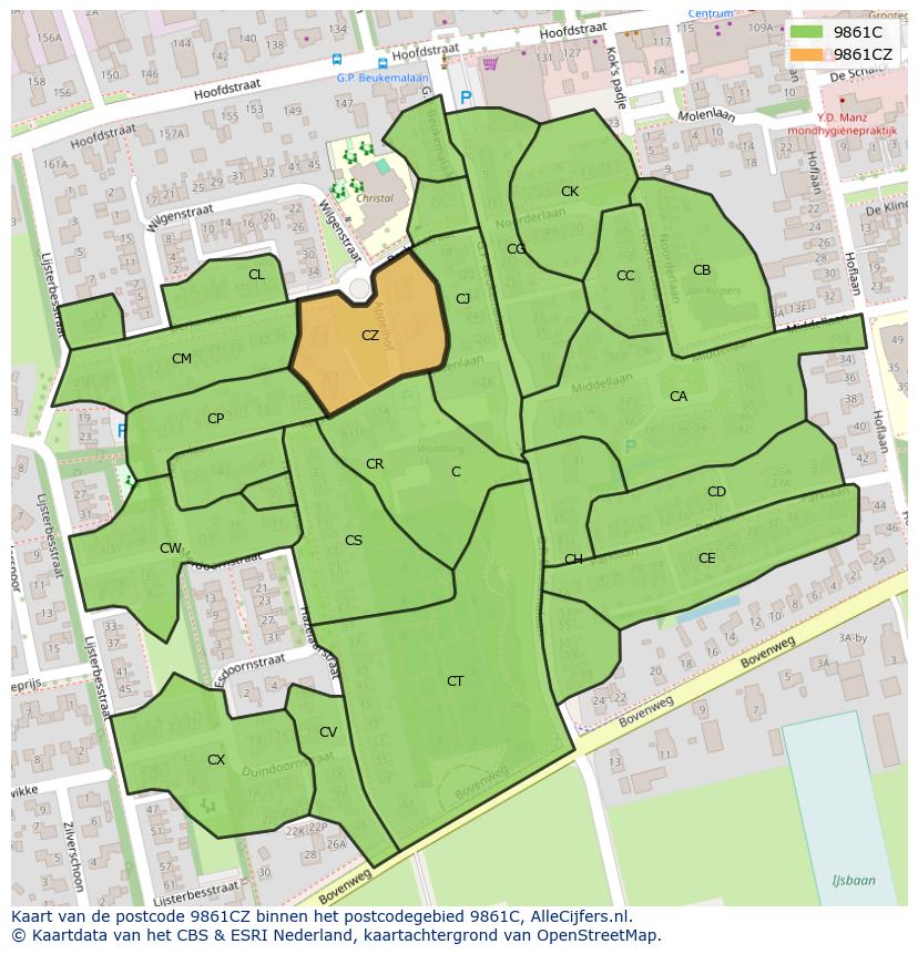 Afbeelding van het postcodegebied 9861 CZ op de kaart.