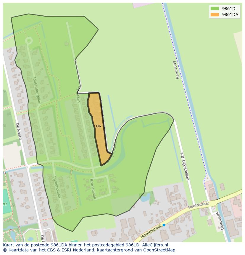 Afbeelding van het postcodegebied 9861 DA op de kaart.