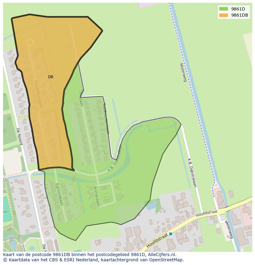 Afbeelding van het postcodegebied 9861 DB op de kaart.