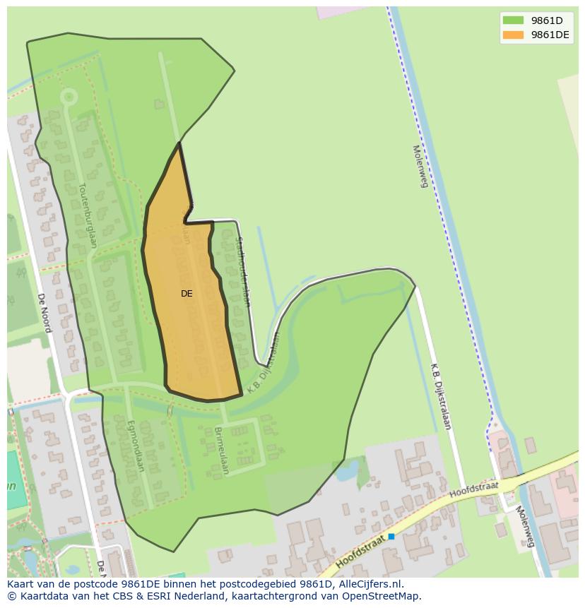 Afbeelding van het postcodegebied 9861 DE op de kaart.