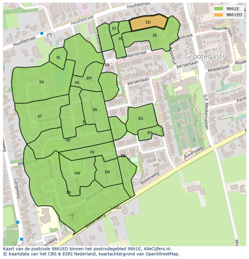 Afbeelding van het postcodegebied 9861 ED op de kaart.