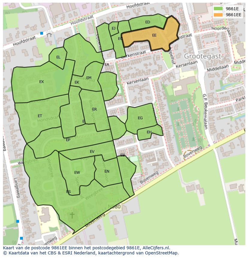 Afbeelding van het postcodegebied 9861 EE op de kaart.