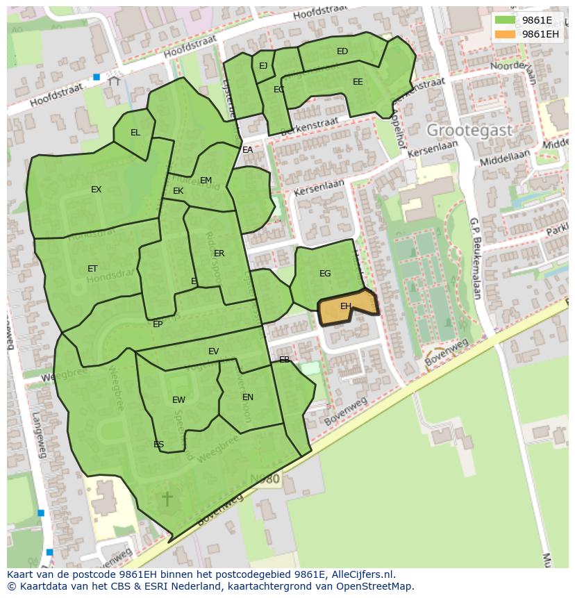 Afbeelding van het postcodegebied 9861 EH op de kaart.