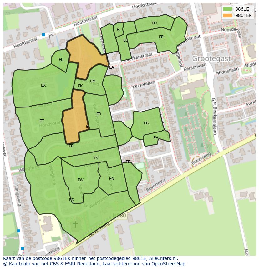 Afbeelding van het postcodegebied 9861 EK op de kaart.
