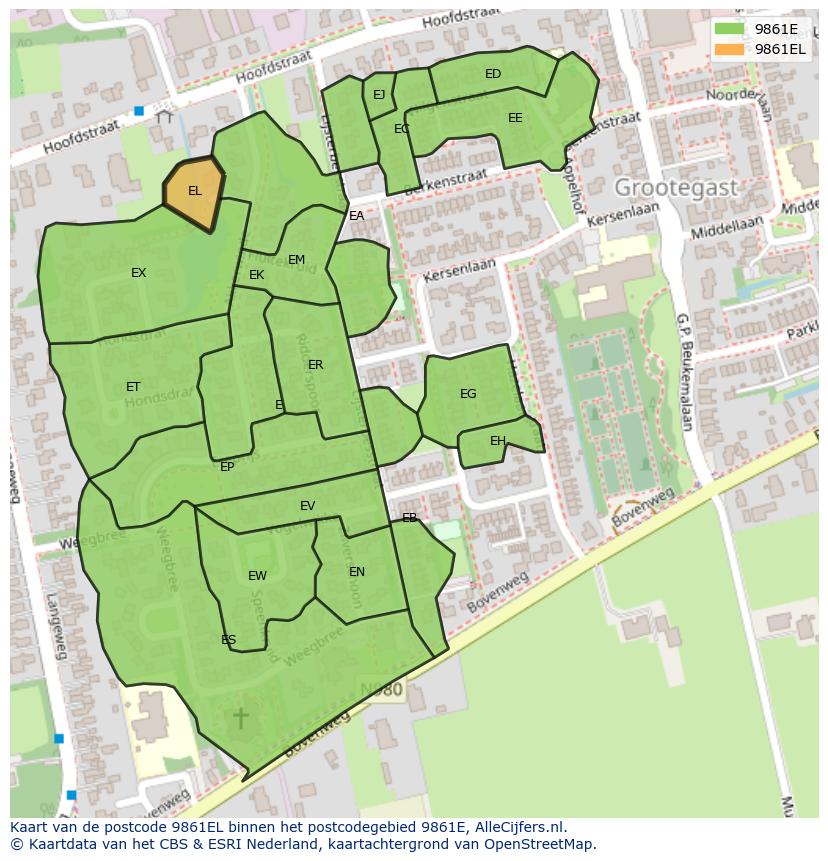 Afbeelding van het postcodegebied 9861 EL op de kaart.