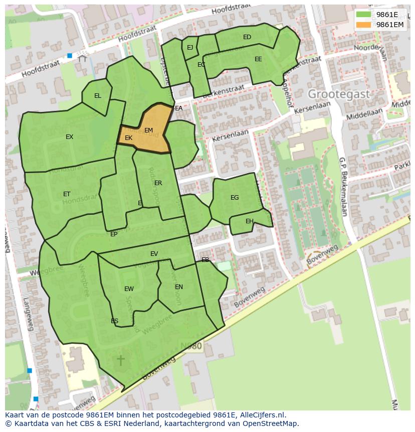 Afbeelding van het postcodegebied 9861 EM op de kaart.