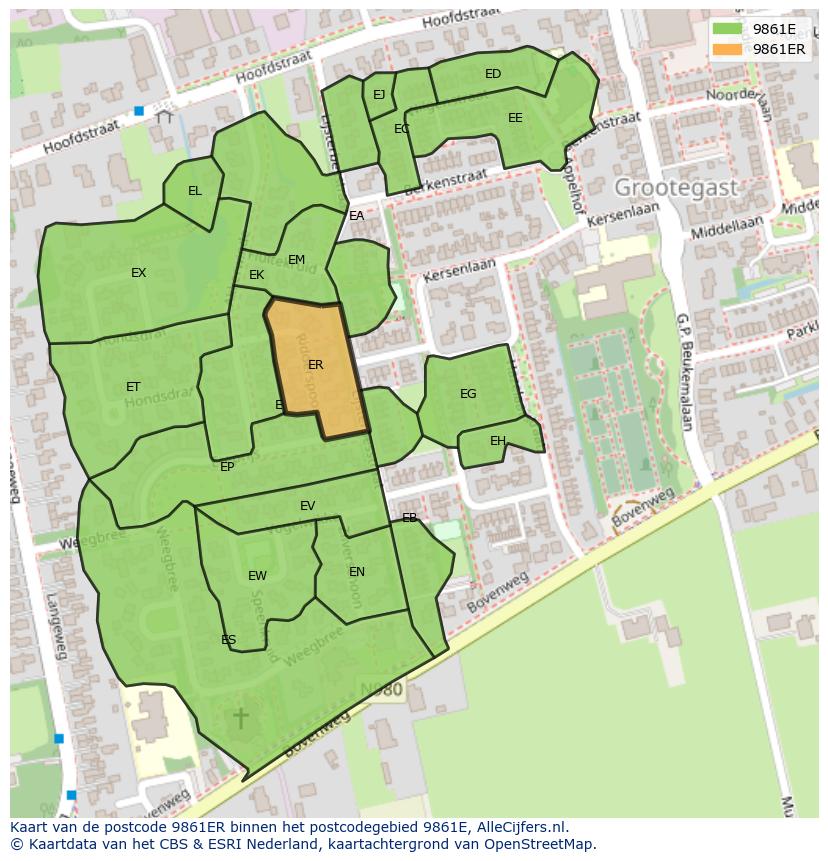 Afbeelding van het postcodegebied 9861 ER op de kaart.