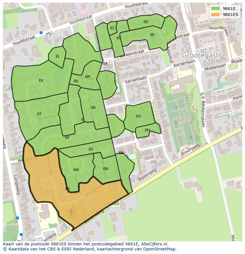 Afbeelding van het postcodegebied 9861 ES op de kaart.