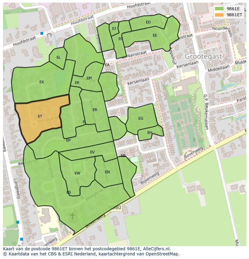 Afbeelding van het postcodegebied 9861 ET op de kaart.