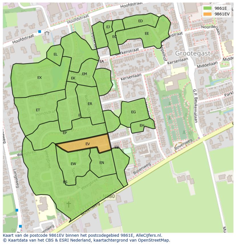 Afbeelding van het postcodegebied 9861 EV op de kaart.