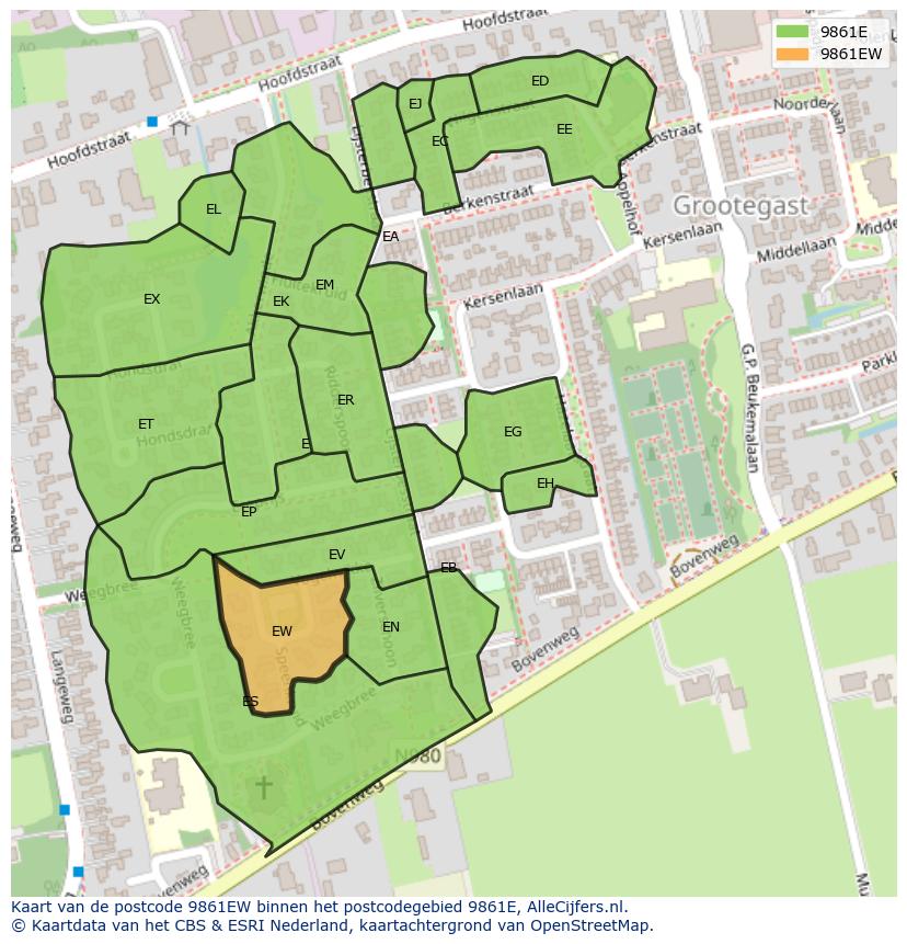 Afbeelding van het postcodegebied 9861 EW op de kaart.