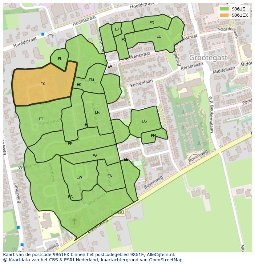 Afbeelding van het postcodegebied 9861 EX op de kaart.