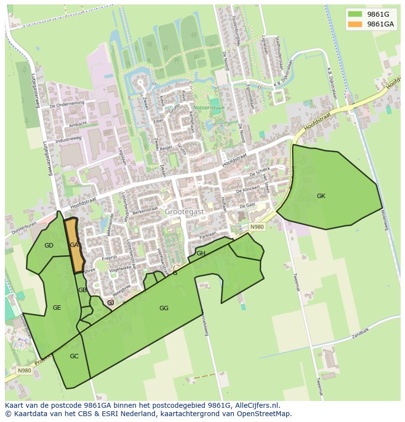 Afbeelding van het postcodegebied 9861 GA op de kaart.