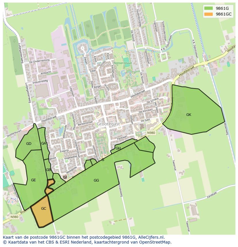 Afbeelding van het postcodegebied 9861 GC op de kaart.