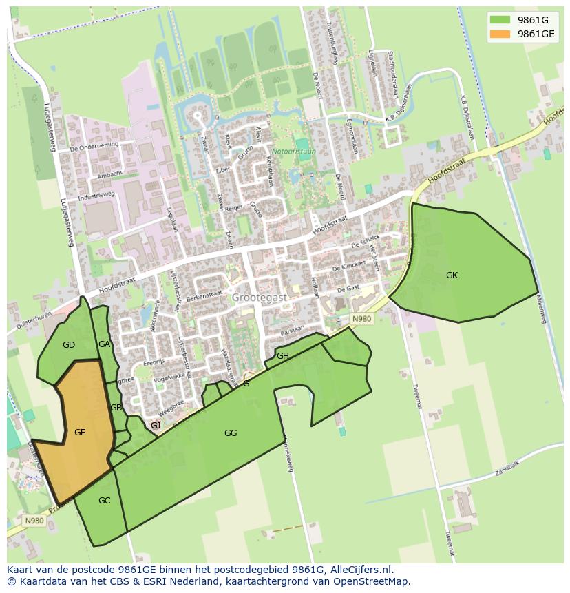 Afbeelding van het postcodegebied 9861 GE op de kaart.