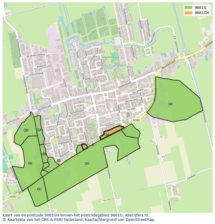 Afbeelding van het postcodegebied 9861 GH op de kaart.