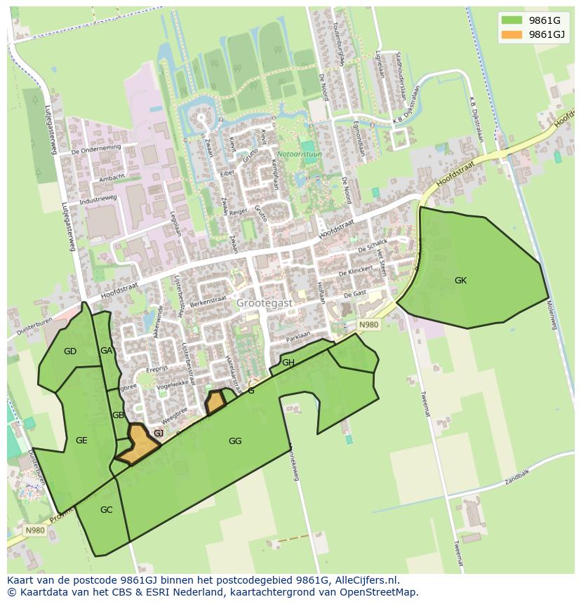 Afbeelding van het postcodegebied 9861 GJ op de kaart.
