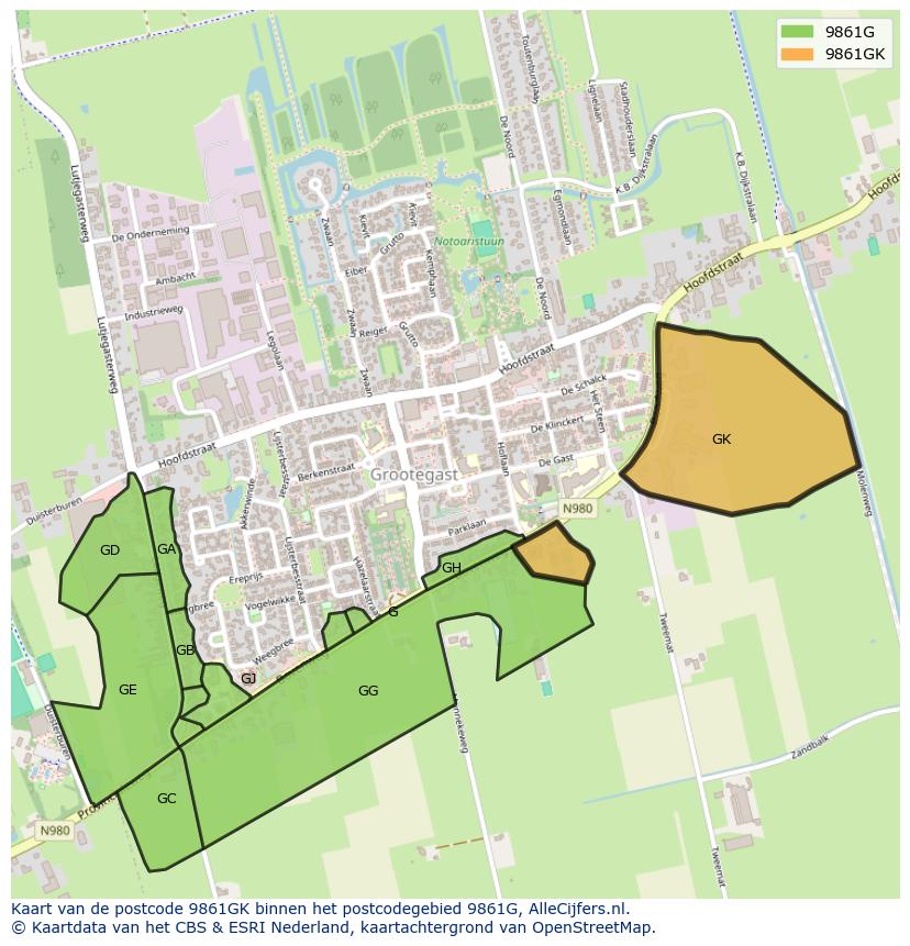 Afbeelding van het postcodegebied 9861 GK op de kaart.