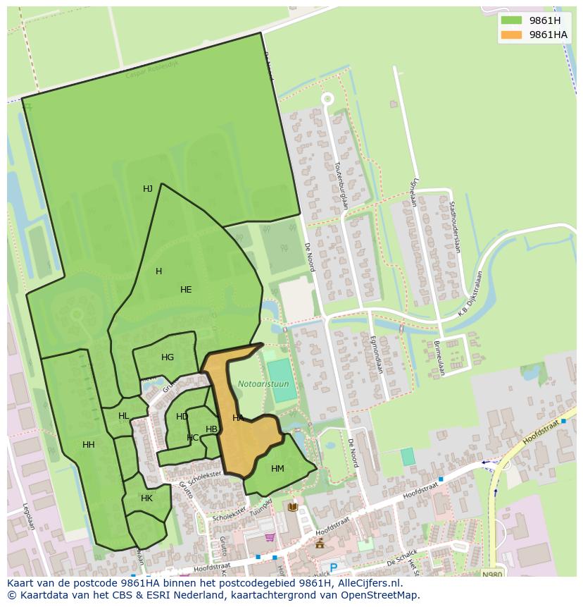 Afbeelding van het postcodegebied 9861 HA op de kaart.