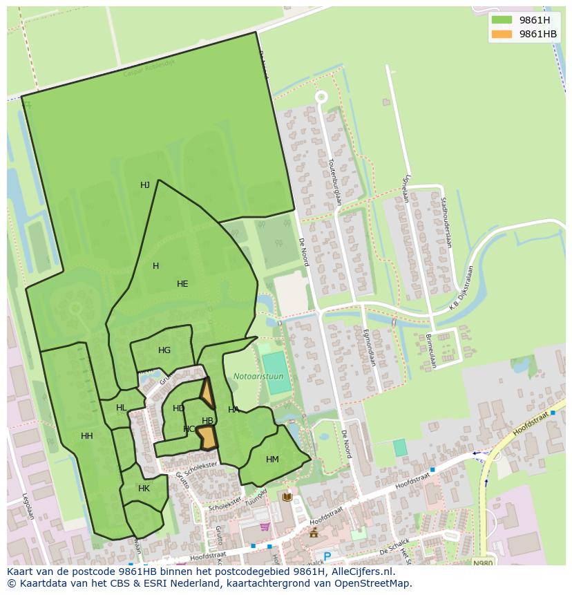 Afbeelding van het postcodegebied 9861 HB op de kaart.