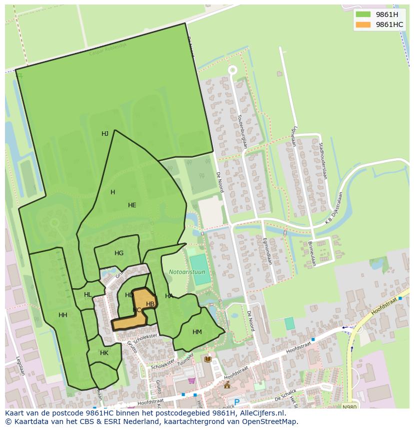Afbeelding van het postcodegebied 9861 HC op de kaart.
