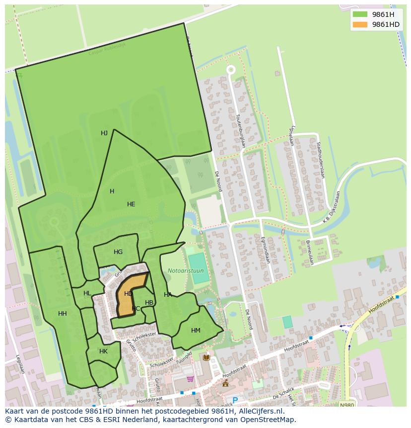 Afbeelding van het postcodegebied 9861 HD op de kaart.