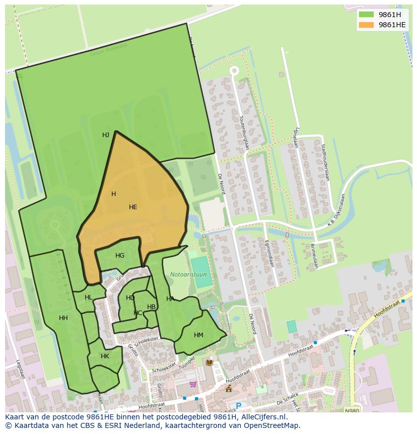 Afbeelding van het postcodegebied 9861 HE op de kaart.
