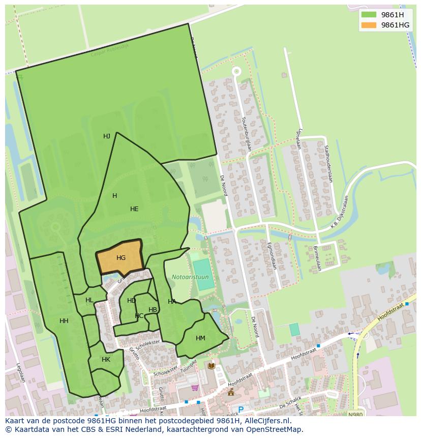 Afbeelding van het postcodegebied 9861 HG op de kaart.